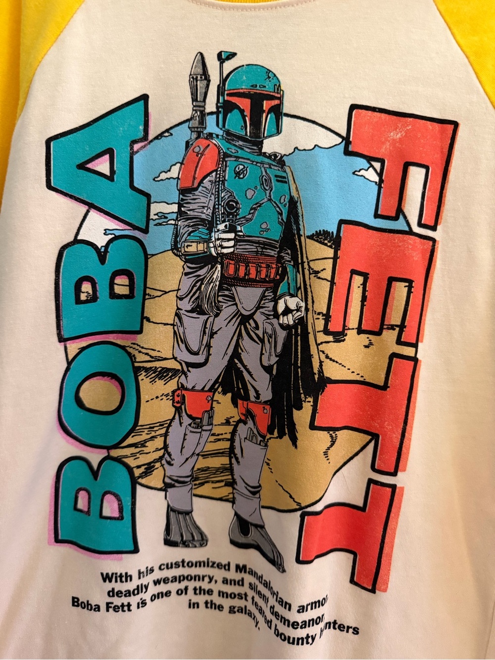 Disney Boba Fett Raglan Tee in White and Yellow with Teal & Red Graphic